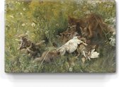 Peinture sur bois - Famille renard - Bruno Liljefors - 30 x 19,5 cm - Impression laque - Chef-d'œuvre verni à la main à afficher ou à accrocher