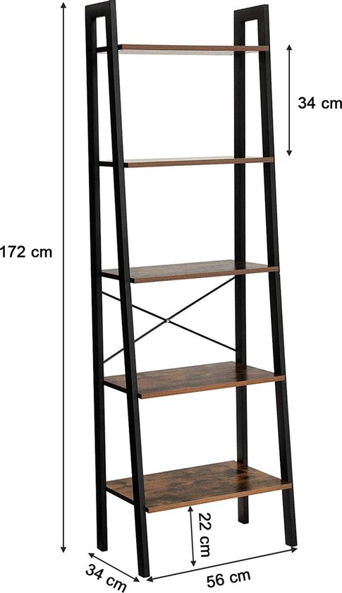 Hoppa! Boekenrek in vintage-stijl met vijf planken en een metalen frame, Metaal, Zwart / Bruin, 56 x 172 x 34 cm (b x h x d)