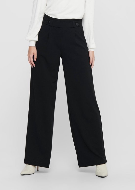Zwarte wijde pantalon met hoge taille en twee knopen aan de voorkant.
