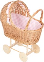 Playwood - Rieten poppenwagen roze ruitjes rieten kap - Houten wielen