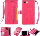 Voor iPhone 8 Plus & 7 Plus Multifunctionele Rits Horizontale Flip Leren Case met Houder & Portemonnee & 9 Kaartsleuven & Lanyard (Rose Rood)