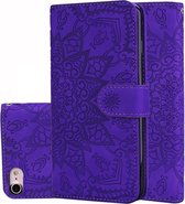Kalfspatroon dubbel opvouwbaar design reliëf lederen tas met portemonnee & houder & kaartsleuven voor iPhone SE 2020 & 8 & 7 (paars)