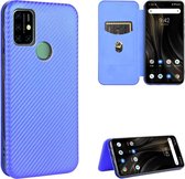 Voor UMIDIGI Power 3 koolstofvezel textuur magnetische horizontale flip TPU + pc + PU lederen tas met kaartsleuf (blauw)