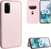 Voor Samsung Galaxy S20 Carbon Fiber Texture Magnetische Horizontale Flip TPU + PC + PU Leather Case met Rope & Card Slot (Pink)