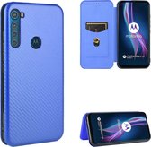 Voor Motorola Moto One Fusion Plus Koolstofvezel Textuur Magnetische Horizontale Flip TPU + PC + PU lederen tas met touw & kaartsleuf (blauw)