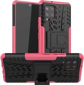 Voor Samsung Galaxy A42 5G Bandentextuur Schokbestendig TPU + PC beschermhoes met houder (roze)