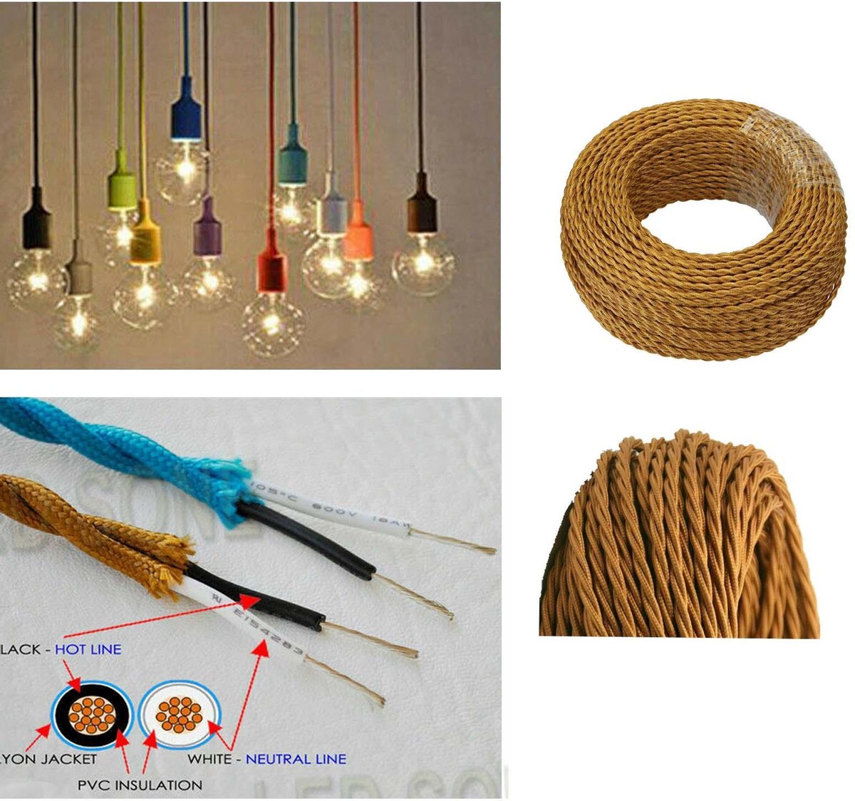 Câble Tressé Coloré Pour Lampe - Style Vintage Industriel - Flex 2/3 Cœurs - Neuf Sous Emballage