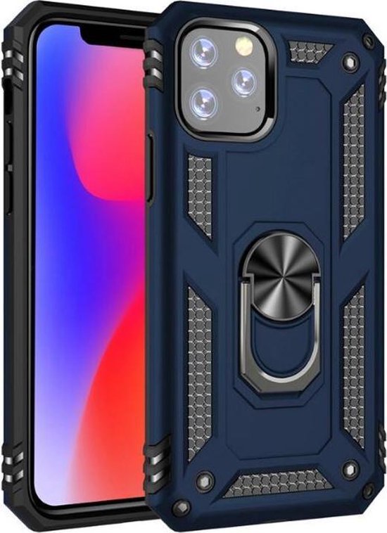 MM&A Magnetische Ring Anti Shock Back Cover Case Hoesje geschikt voor Apple iPhone 12 Pro Max - Blauw – Polycarbonaat – TPU – Harde Plastic - Schokabsorberend - Schokbestendig – Armor – met Stand