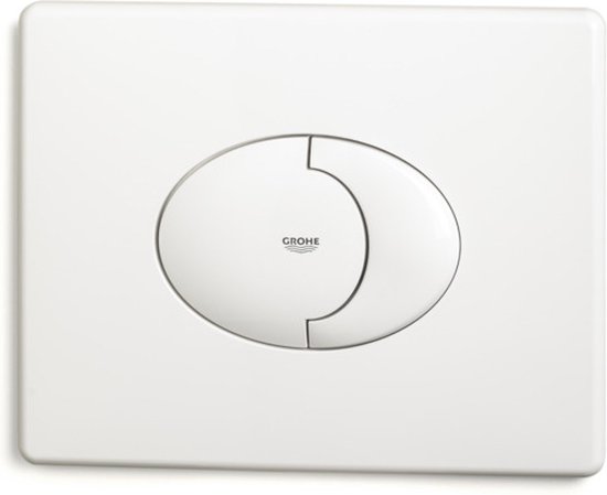Wit bedieningspaneel met een zilverkleurige, ovale dubbele drukknop. Het merk "GROHE" is zichtbaar.