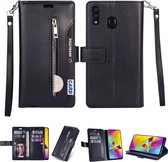 Voor Samsung Galaxy M20 Multifunctionele Rits Horizontale Flip Leren Case met Houder & Portemonnee & 9 Kaartsleuven & Lanyard (Zwart)