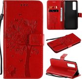 Voor Huawei Nova 7 Tree & Cat reliÃ«fpatroon Horizontale flip lederen tas met houder & kaartsleuven & portemonnee & lanyard (rood)