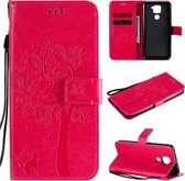 Voor Xiaomi Redmi Note 9 Tree & Cat reliÃ«fpatroon Horizontale flip lederen tas met houder & kaartsleuven & portemonnee & lanyard (rose rood)