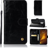 Voor Xiaomi Pocophone F1 Retro koperen knop Crazy Horse Horizontale flip PU lederen tas met houder & kaartsleuven & portemonnee en lanyard (zwart)