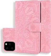 Kalfspatroon Dubbel opvouwbaar ontwerp ReliÃ«f lederen tas met portemonnee en houder en kaartsleuven voor iPhone 11 (6,1 inch) (roze)