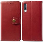 Retro effen kleur lederen gesp bescherming voor mobiele telefoon lederen tas met fotolijst en kaartsleuf en portemonnee en beugelfunctie voor Galaxy A50 (rood)