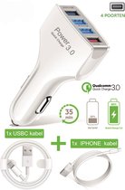 Autolader Quick Charge 3.0 Wit Inclusief (2x) oplaad kabel (1x) Iphone Lightning (1x) USBC Snellader 4 Poorten Usb Telefoon Oplader Voor Samsung Voor Iphone 11 X QC3.0 Mobiele telefoon | Auto