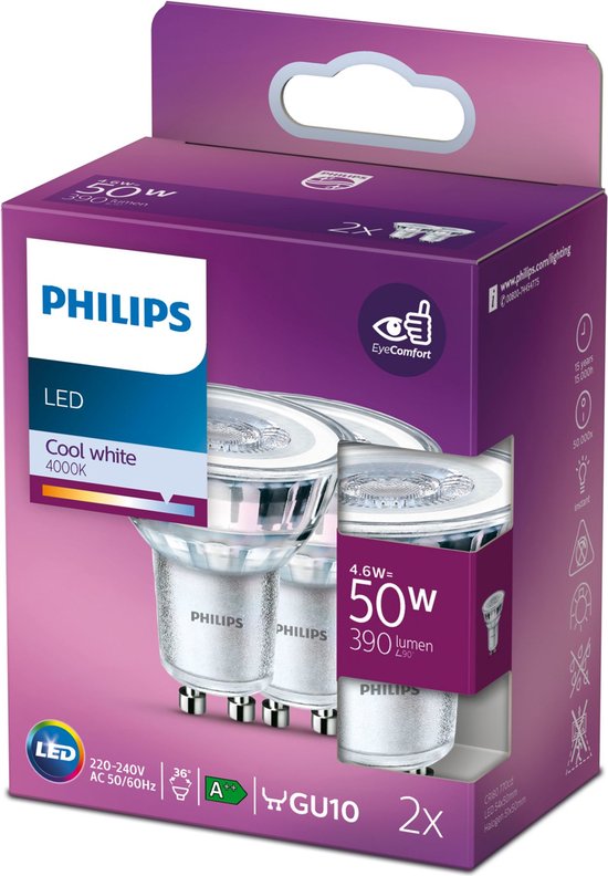 Foto: Philips energiezuinige led spot 50 w gu10 koelwit licht 2 stuks bespaar op energiekosten