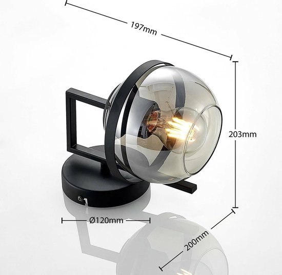 Lindby - wandlamp - 1licht - glas, staal - H: 19.7 cm - E27 - rookgrijs helder, zwart