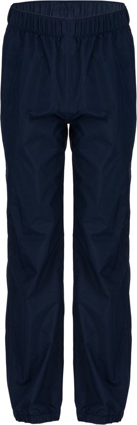 Un pantalon de pluie bleu marine pour enfant, debout.