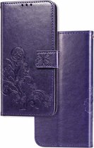 Voor Xiaomi Redmi Note 8T Lucky Clover geperst bloemenpatroon lederen tas met houder en kaartsleuven en portemonnee en handriem (paars)