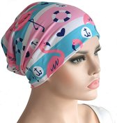 Chemomuts beanie zomerse print flamengo's en ankers roze wit blauw maat one size