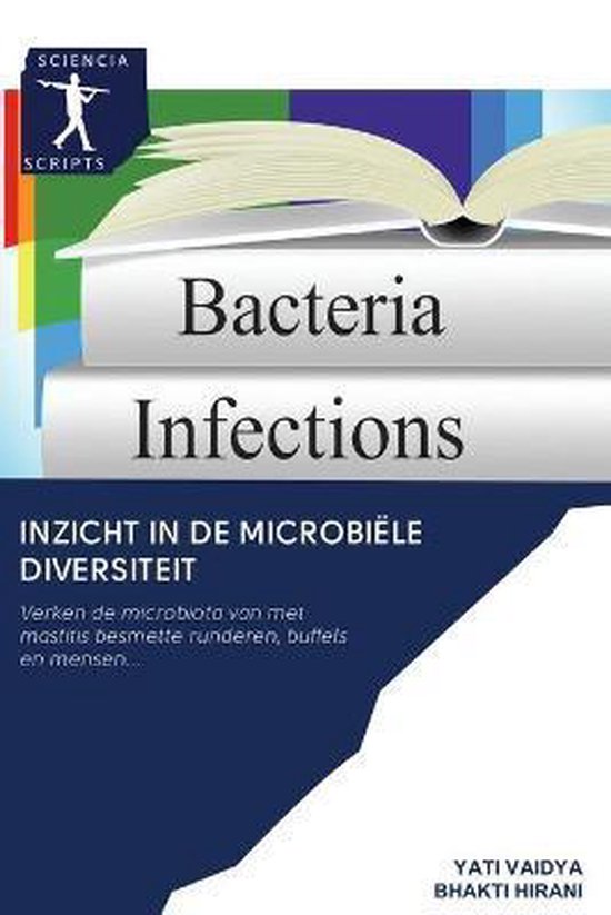 Boek met de titel 'Bacteria Infections' en 'Inzicht in de microbiële diversiteit'. Een open boek bovenop een ander boek.