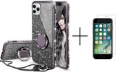 Apple iPhone 8 | iPhone 7 | iPhone SE 2020 | Back Cover Telefoonhoesje | Glitter | Exclusief Ring Houder | Zwart + 1x screenprotector