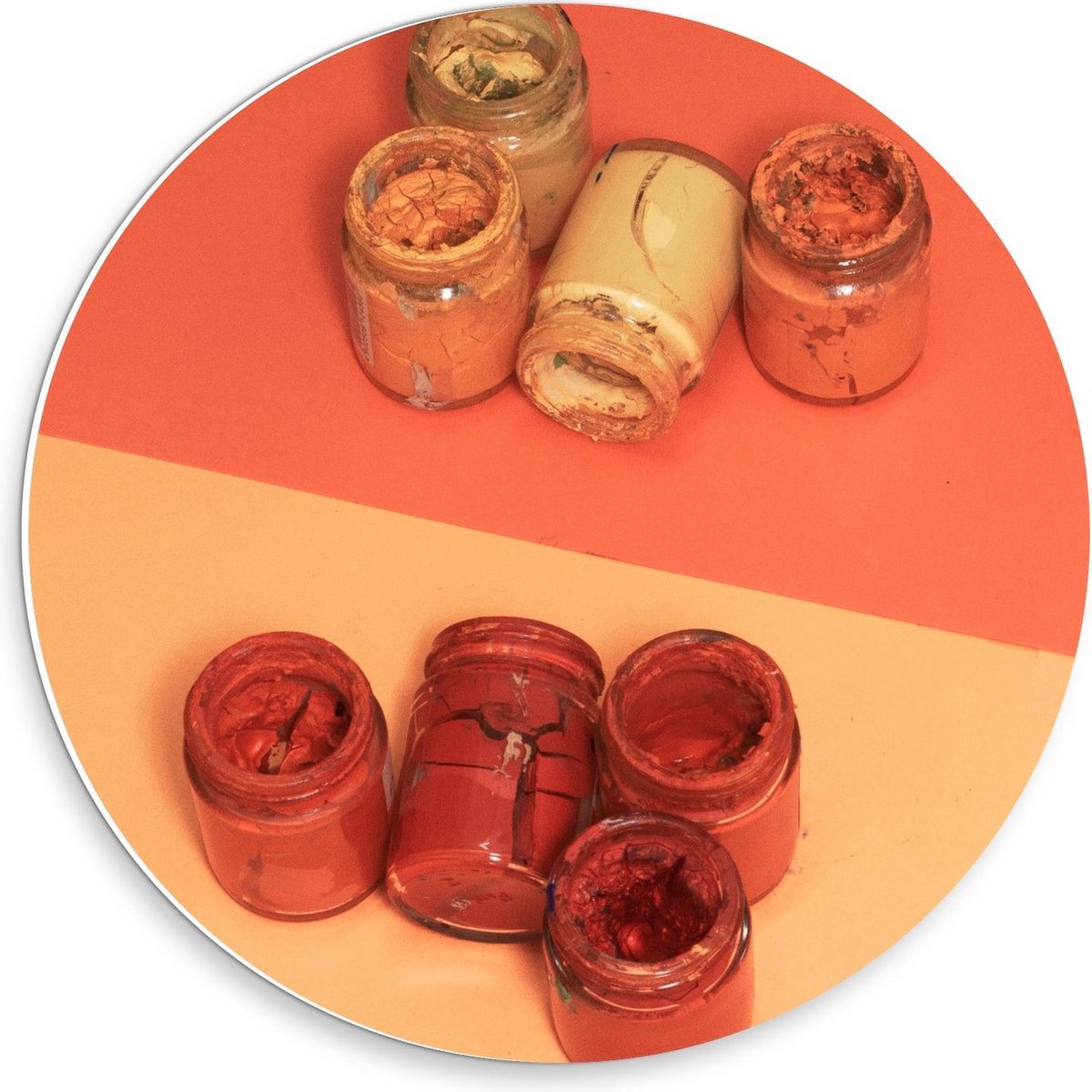 Forex Wandcirkel - Uitgedroogde Potjes Verf - 30x30cm Foto op Wandcirkel (met ophangsysteem)