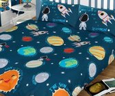 2-persoons jongens dekbedovertrek ruimtereis: blauw met astronaut, spaceshuttle, raket, sterren en planeten in de ruimte / heelal 200 x 200 cm