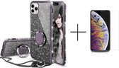 Apple iPhone 12  Back Cover Telefoonhoesje | Glitter | met Ring Houder | Zwart + 1x screenprotector