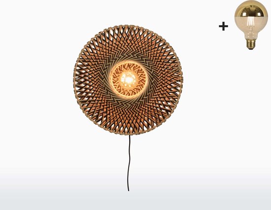 Wandlamp - BALI - Naturel/Zwart Bamboe - Small ((44x12cm) - Met Gouden LED-lamp