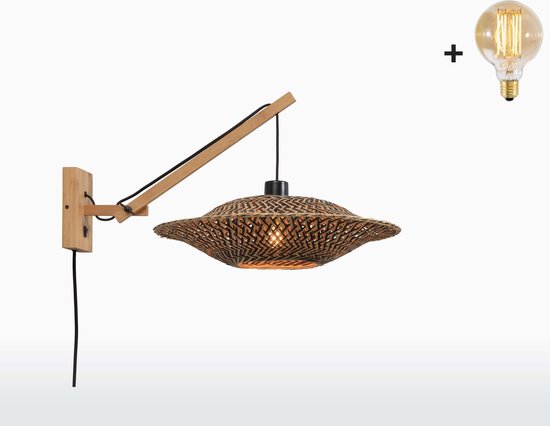 Wandlamp BALI met Korte Arm - Naturel Bamboe - Bruine Kap (44x12cm) - Met LED-lamp