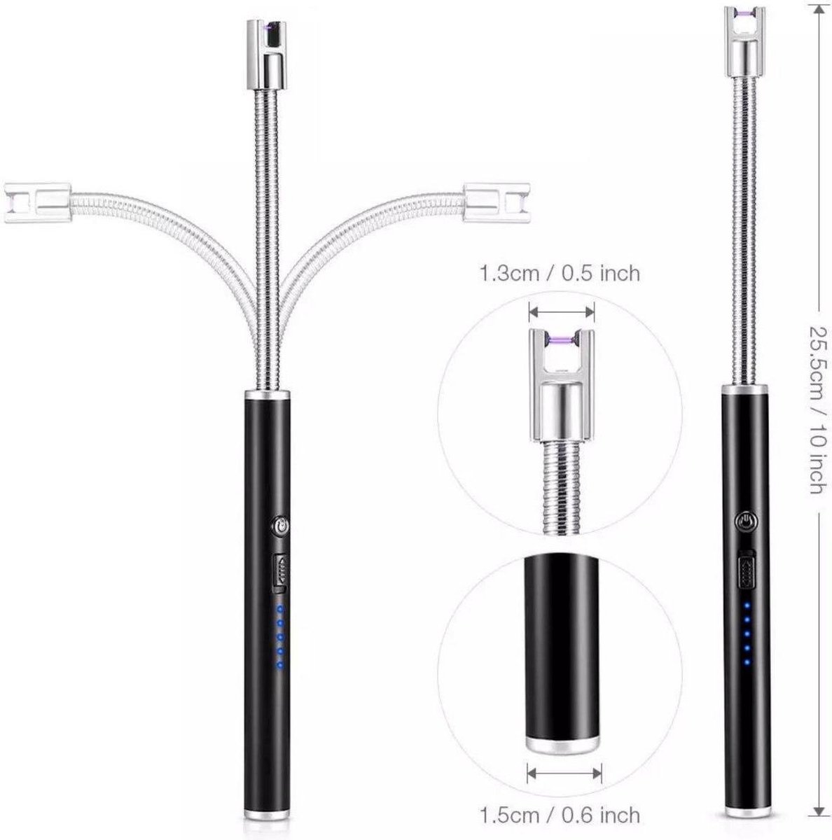 VEHHE Staafaansteker, set van 2 elektrische aansteker, USB-oplaadbaar, led-display, lichtboog, aansteker, lang, elektrisch, flexibele hals, geschikt voor keuken, kaarsen, gasfornuizen, barbecue, goud