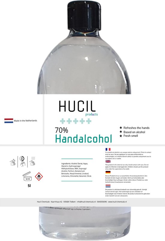 Handalcohol - 1liter - hand sanitizer - 70% procent alcohol ethanol - handgel - spray - dunne vloeistof - 1 liter