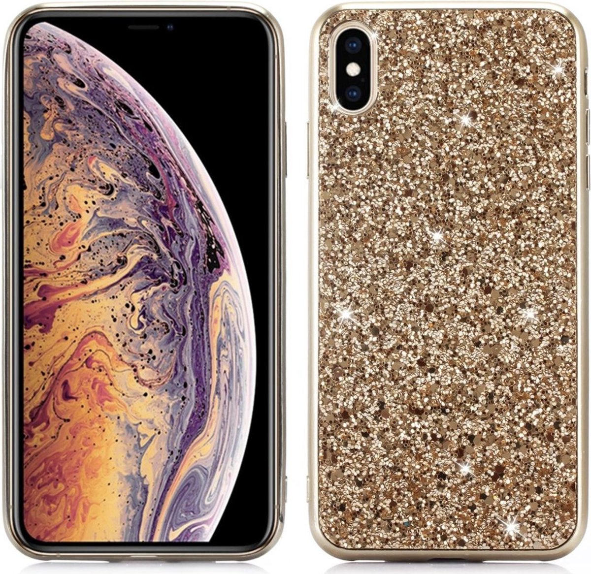 Geschikt voor Apple iPhone X - XS Backcover - Goud - Glitters - Hard PC Hoesje