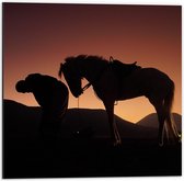 Dibond - Paard en Mens Silhouette - 50x50cm Foto op Aluminium (Met Ophangsysteem)