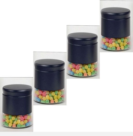 4 X LUXE VOORRAADBUS SET - 0.8 L- GLAS COMBINATIE MET KUNSTSTOF - 13,2 CM HOOG - ZWART