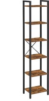 Nancy's Covina Opbergrek - Boekenkast - Open Kast - 6 Niveaus - Vintage - Industrieel - Bruin - Zwart - Bewerkt Hout - Metaal - 40 x 30 x 178.6 cm