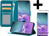 Hoesje Geschikt voor Samsung S10 Hoesje Book Case Hoes Wallet Cover Met Screenprotector - Hoes Geschikt voor Samsung Galaxy S10 Hoesje Bookcase Hoes - Turquoise