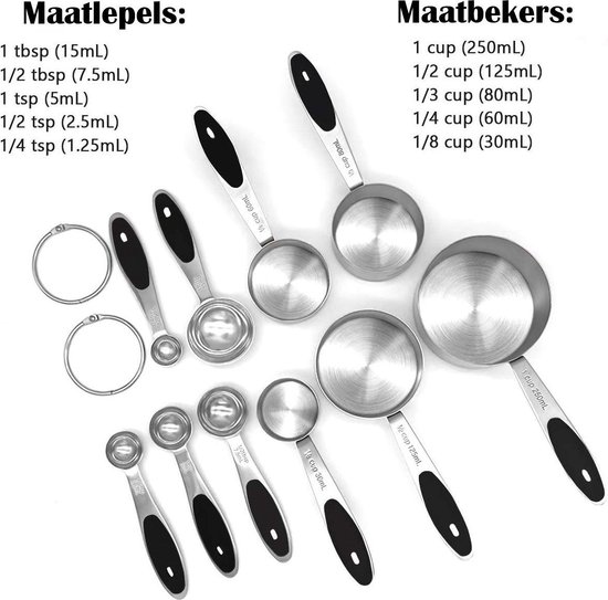 10-delige set Maatlepels & Maatbekers - Hoogwaardig Roestvrij staal (RVS) - Maatlepel Set - Maat Cups & Spoons - met exacte hoeveelheden