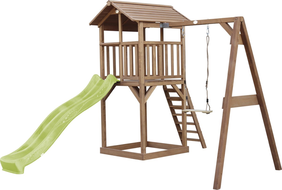 AXI Beach Tower Speeltoestel in Bruin - Speeltoren met Enkele Schommel, Limoen Groene Glijbaan en Zandbak - FSC hout - Speelhuis op palen voor de tuin — afbeelding 11