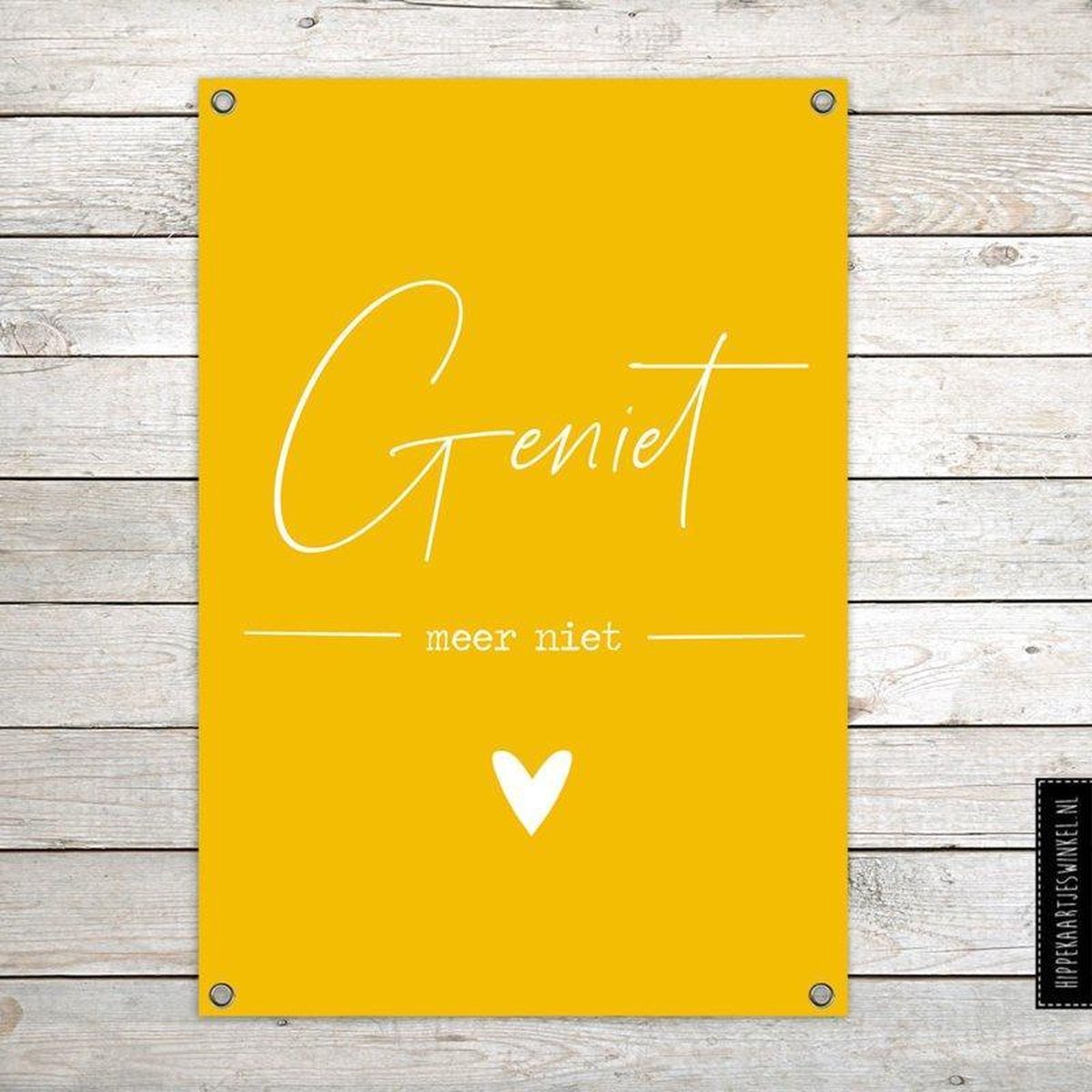 Tuinposter XL Geniet geel - buitenposter met tekst - tuindecoratie - zomerse tuinposter