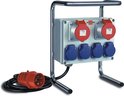 Stroomverdeler met twee rode en vier blauwe contactdozen op stalen frame met 2m kabel.