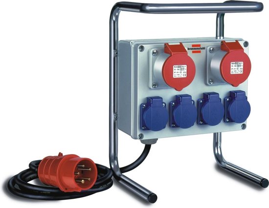 Stroomverdeler met twee rode en vier blauwe contactdozen op stalen frame met 2m kabel.
