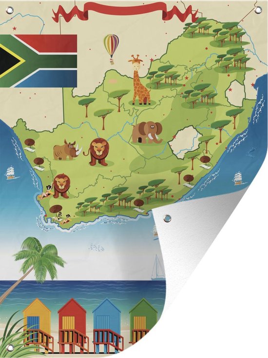 Muurdecoratie Buiten Kaart Van Zuid Afrika Met Kleurrijke Illustraties 120x160 Cm 4294
