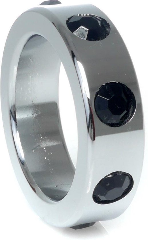 Power Escorts - Rvs Metalen Cockring - Zwarte Diamanten steentjes - Medium - Inner Dia 3,5 CM - Outer Dia 4,5 CM