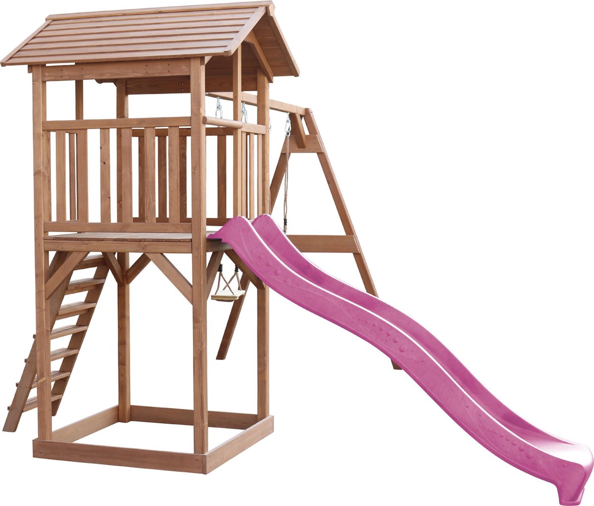 AXI Beach Tower Speeltoestel in Bruin - Speeltoren met Dubbele Schommel, Paarse Glijbaan en Zandbak - FSC hout - Speelhuis op palen voor de tuin — afbeelding 14