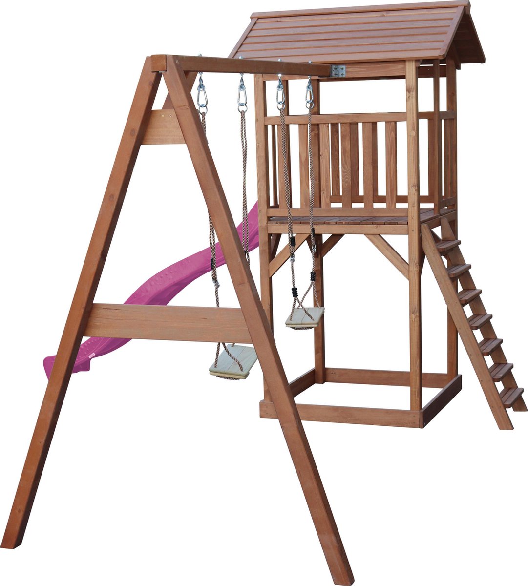 AXI Beach Tower Speeltoestel in Bruin - Speeltoren met Dubbele Schommel, Paarse Glijbaan en Zandbak - FSC hout - Speelhuis op palen voor de tuin — afbeelding 18