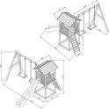 Technische tekening van een houten speeltoestel met afmetingen, met twee configuraties.