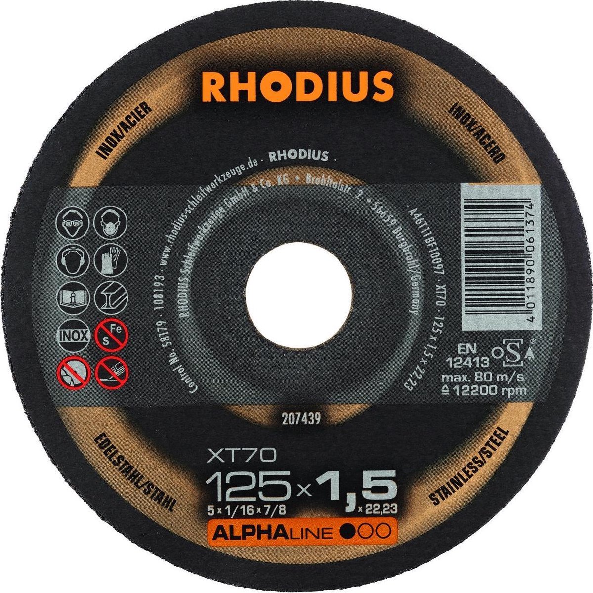 Rhodius 207439 Alphaline I XT70 Doorslijpschijf - Extra dun - 125 x 22,23 x 1,5mm - RVS/Staal